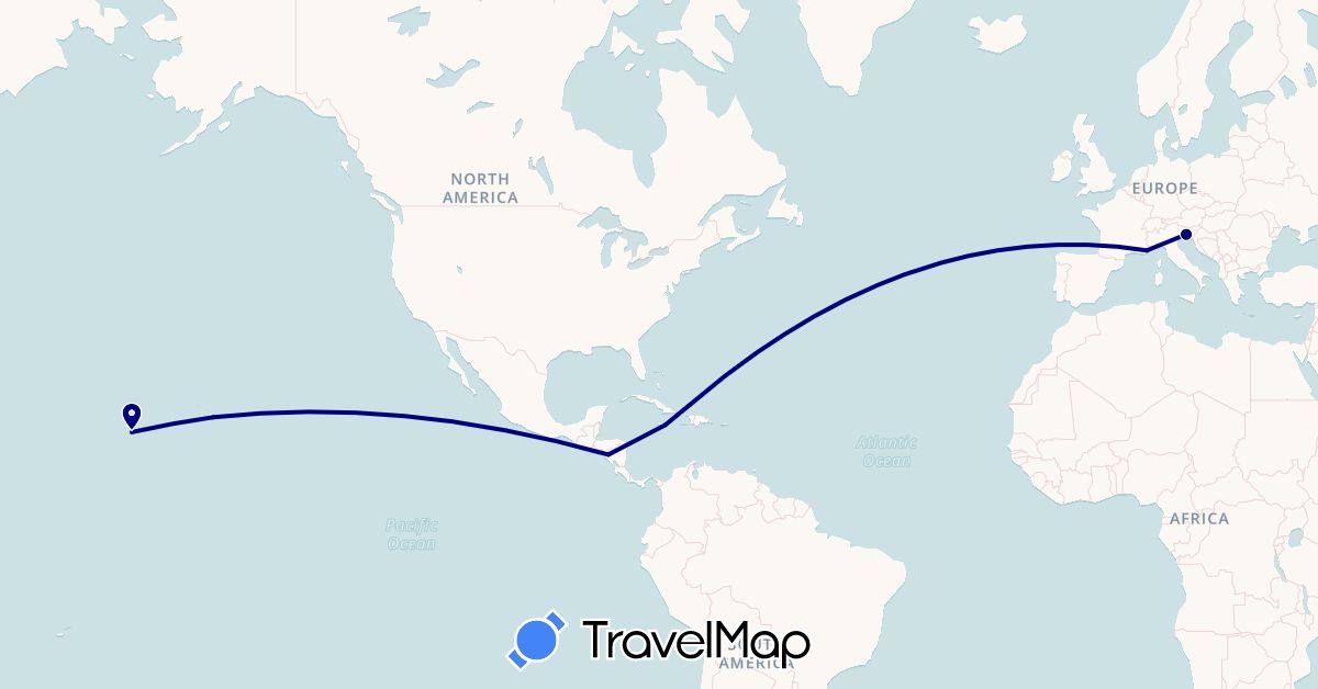 TravelMap itinerary: driving in France, Italy, Jamaica, Nicaragua, United States (Europe, North America)